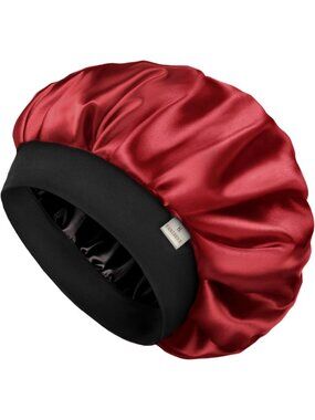 〽️Women Wine Red Silk Bonnet Sleeping Double Layer Satin Natural Curly Hair Cap
